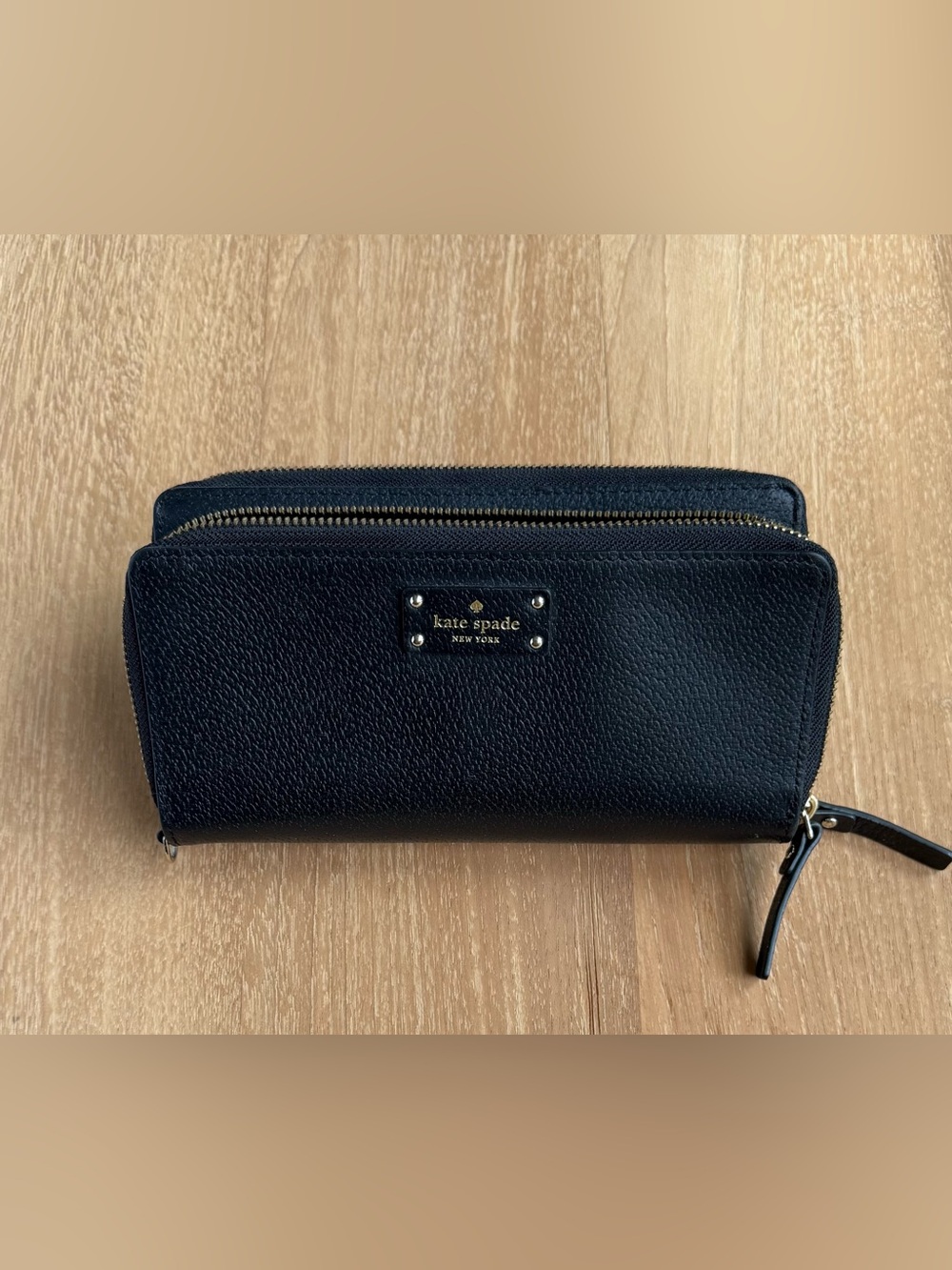 Kate Spade Black Pebbled Leather Zip-around Wallet with Gold Studs